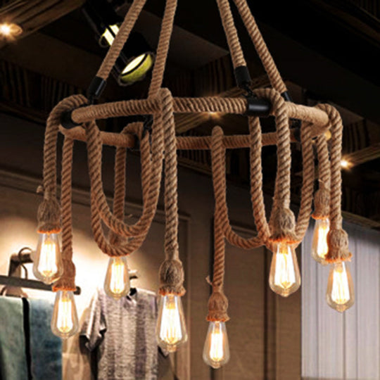 Industrial Beige Rope Chandelier - Exposed Bulbs, 6/8 Lights - Ideal for Dining Room