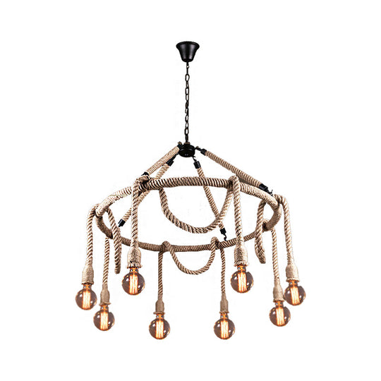 Industrial Beige Rope Chandelier - Exposed Bulbs, 6/8 Lights - Ideal for Dining Room