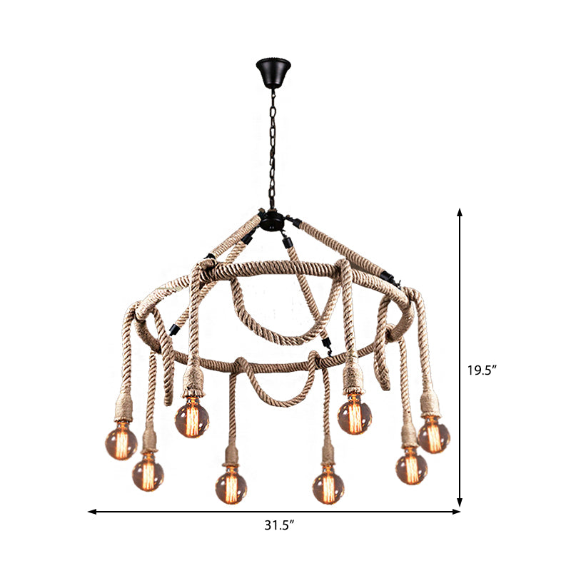 Industrial Beige Rope Chandelier - Exposed Bulbs, 6/8 Lights - Ideal for Dining Room