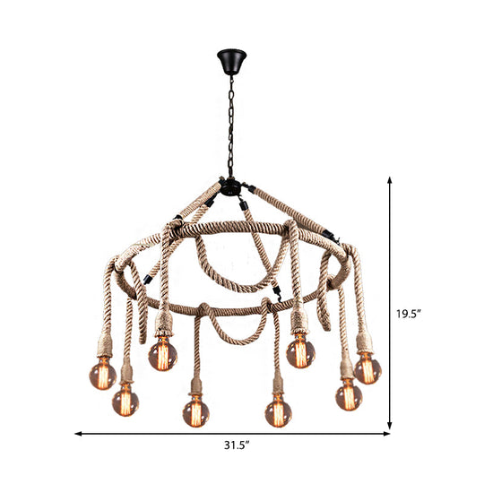 Industrial Exposed Bulb Chandelier: Beige Rope Hanging Fixture For Dining Room - 6/8 Light