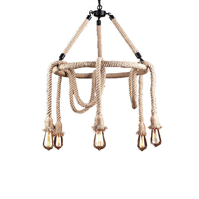 Industrial Beige Rope Chandelier - Exposed Bulbs, 6/8 Lights - Ideal for Dining Room