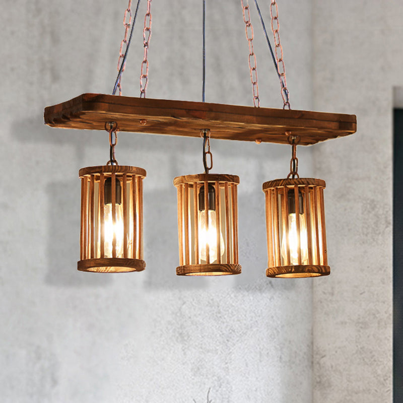 Industrial Wooden Chandelier With Cylinder Shades - 2/3 Light Ceiling Lamp For Dining Room 3 / Wood