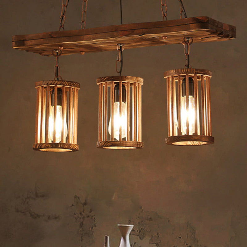 Industrial Wooden Chandelier With Cylinder Shades - 2/3 Light Ceiling Lamp For Dining Room