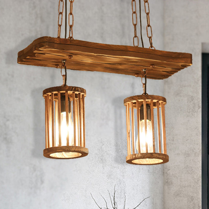 Industrial Wooden Chandelier With Cylinder Shades - 2/3 Light Ceiling Lamp For Dining Room