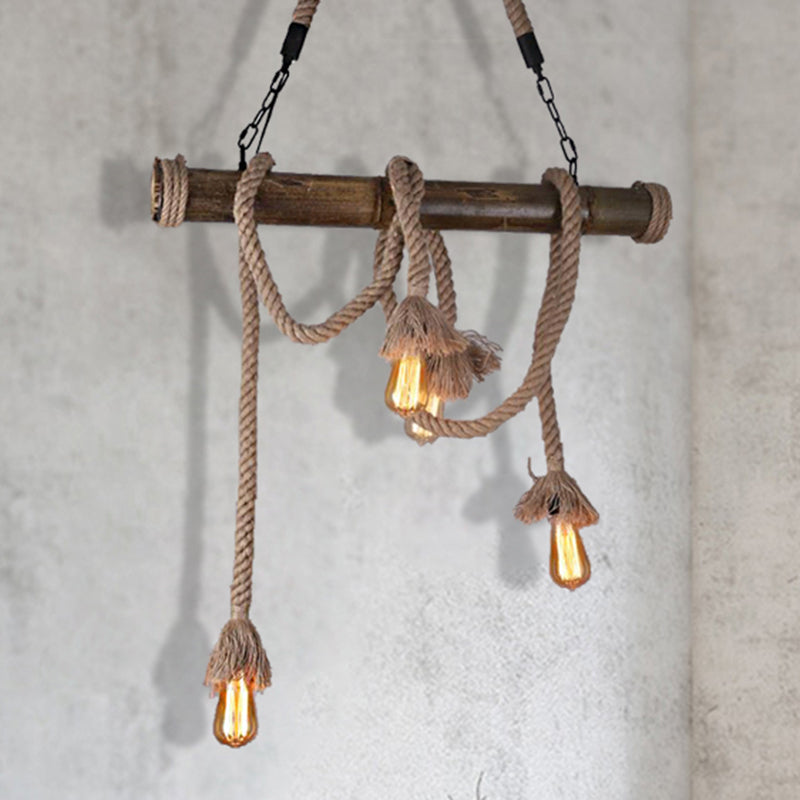 Industrial Island Pendant Light - Exposed Bulb Rope Design Dining Room Hanging Lamp In Beige (4/8