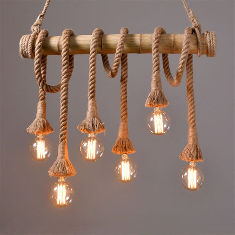 Vintage Rope Pendant Light Fixture With Exposed Bulb For Kitchen - Beige Hanging Lamp Kit (4/6