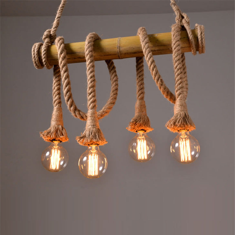 Vintage Rope Pendant Light Fixture With Exposed Bulb For Kitchen - Beige Hanging Lamp Kit (4/6