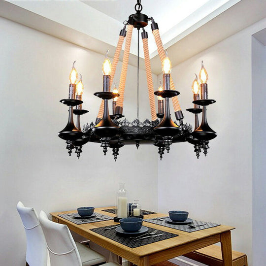 Rustic Metal and Rope Pendant Chandelier with 3/6/8 Lights - Black Candle Dining Room Hanging Ceiling Fixture