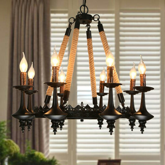 Rustic Metal & Rope Pendant Chandelier Black 3/6/8-Light Candle Dining Room Hanging Ceiling Fixture