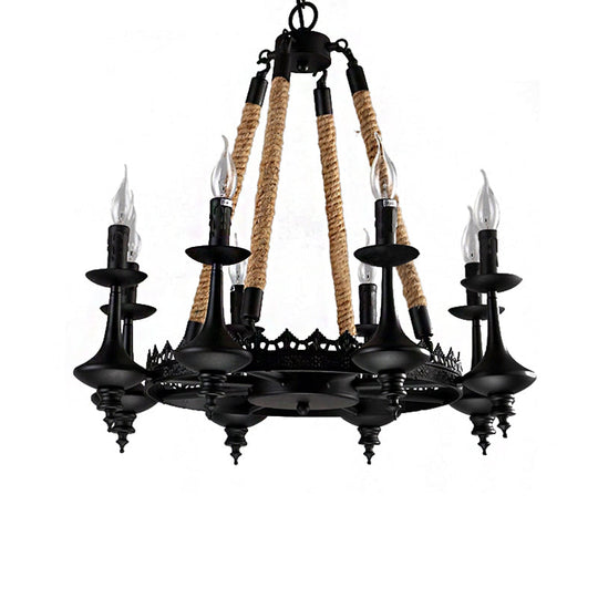 Rustic Metal and Rope Pendant Chandelier with 3/6/8 Lights - Black Candle Dining Room Hanging Ceiling Fixture