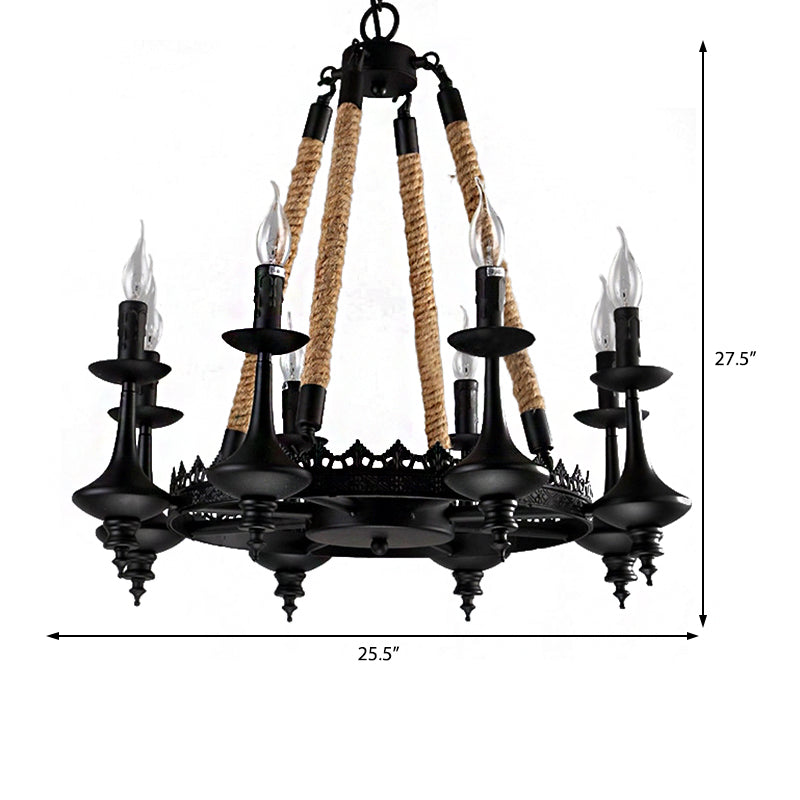 Rustic Metal and Rope Pendant Chandelier with 3/6/8 Lights - Black Candle Dining Room Hanging Ceiling Fixture