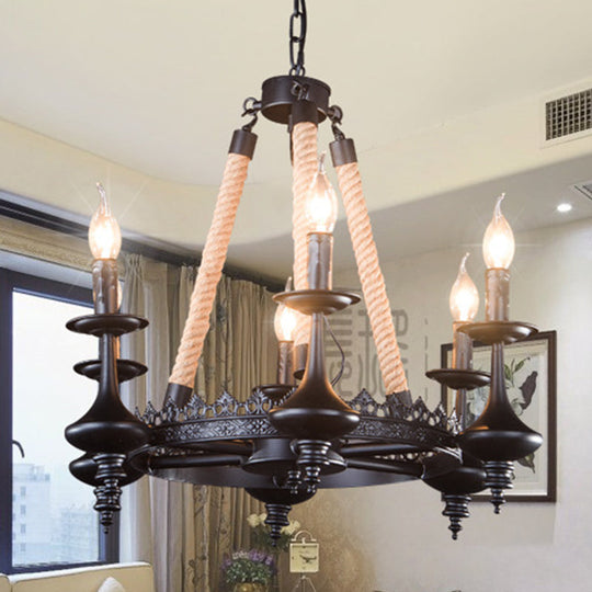 Rustic Metal & Rope Pendant Chandelier Black 3/6/8-Light Candle Dining Room Hanging Ceiling Fixture