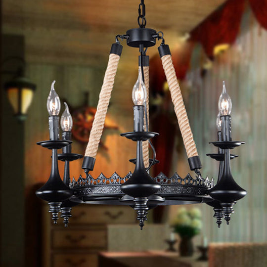 Rustic Metal and Rope Pendant Chandelier with 3/6/8 Lights - Black Candle Dining Room Hanging Ceiling Fixture