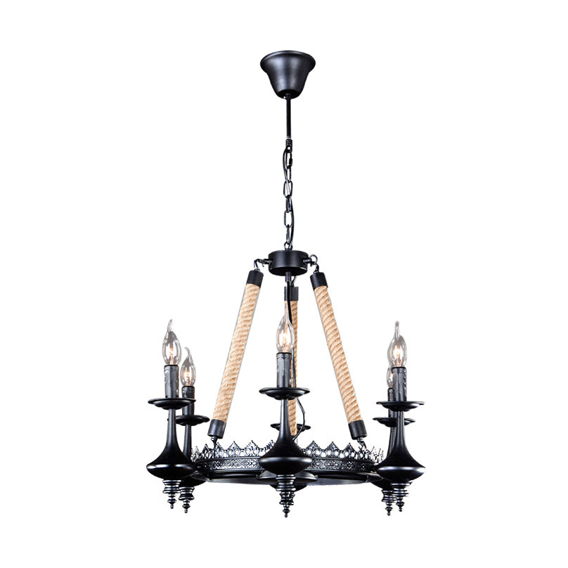 Rustic Metal and Rope Pendant Chandelier with 3/6/8 Lights - Black Candle Dining Room Hanging Ceiling Fixture