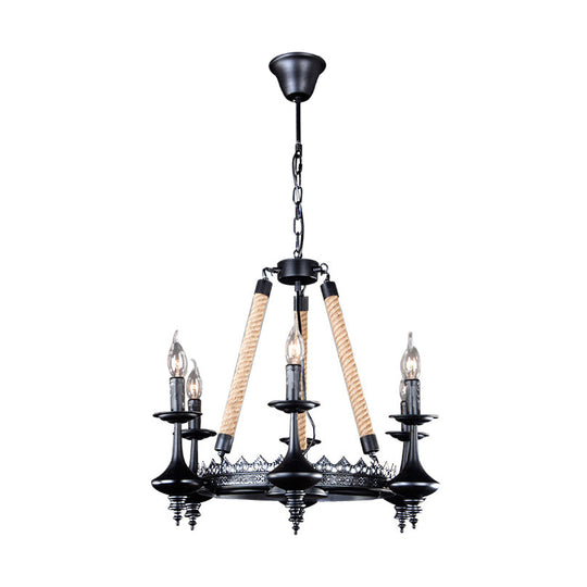 Rustic Metal & Rope Pendant Chandelier Black 3/6/8-Light Candle Dining Room Hanging Ceiling Fixture