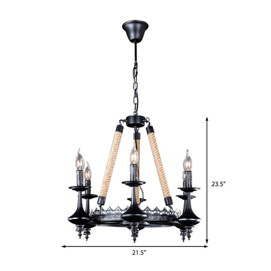 Rustic Metal and Rope Pendant Chandelier with 3/6/8 Lights - Black Candle Dining Room Hanging Ceiling Fixture