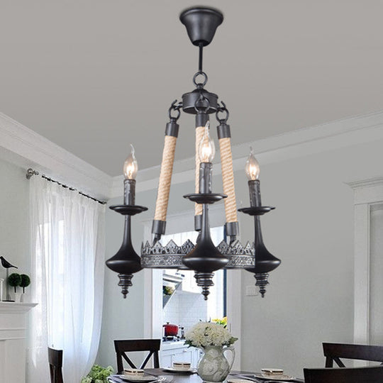 Rustic Metal & Rope Pendant Chandelier Black 3/6/8-Light Candle Dining Room Hanging Ceiling Fixture