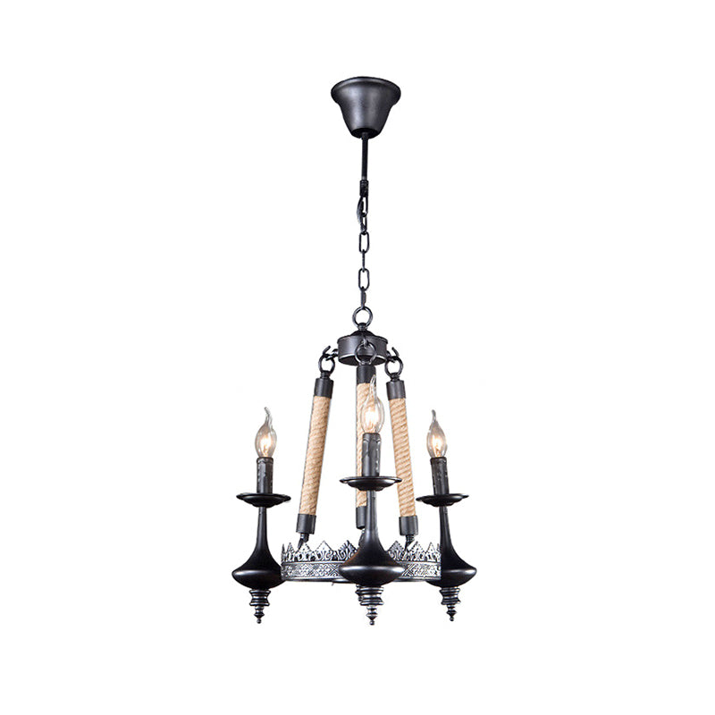 Rustic Metal and Rope Pendant Chandelier with 3/6/8 Lights - Black Candle Dining Room Hanging Ceiling Fixture