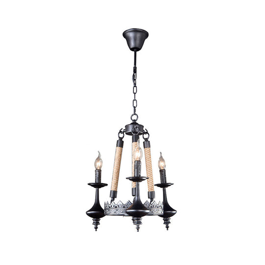 Rustic Metal and Rope Pendant Chandelier with 3/6/8 Lights - Black Candle Dining Room Hanging Ceiling Fixture