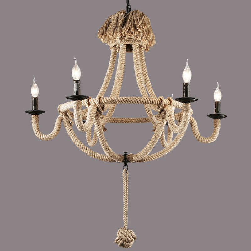 Rustic Style Candle Rope Chandelier in Beige – Dining Room Pendant Lighting (3/6 Lights)