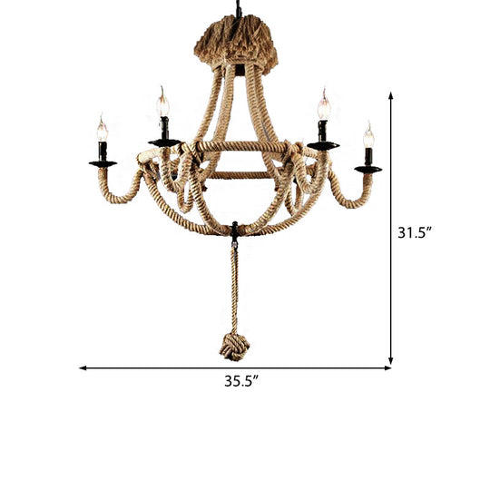 Rustic Style Candle Rope Chandelier in Beige – Dining Room Pendant Lighting (3/6 Lights)