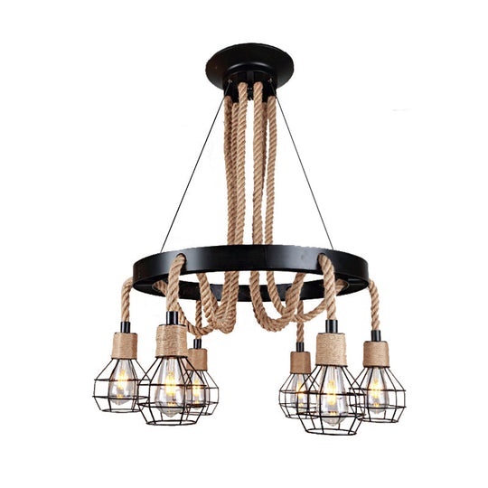 Rustic Metal and Rope Chandelier: Globe Pendant Lighting for Dining Room (6/8 Light) in Black with Ring