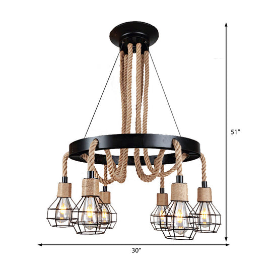 Rustic Metal and Rope Chandelier: Globe Pendant Lighting for Dining Room (6/8 Light) in Black with Ring