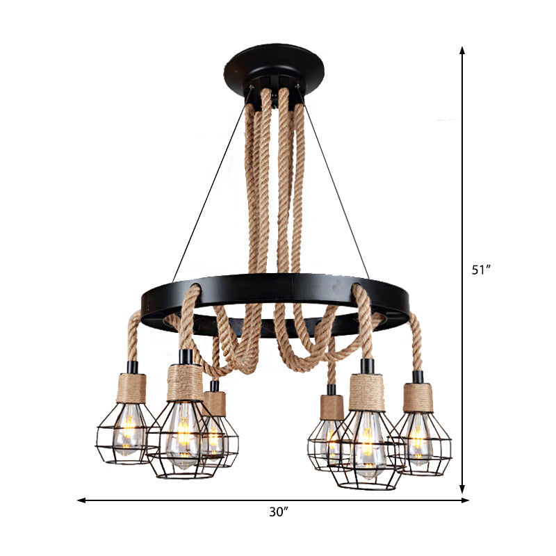 Rustic Metal And Rope Chandelier - Globe Pendant Lighting 6/8 Light Black With Ring