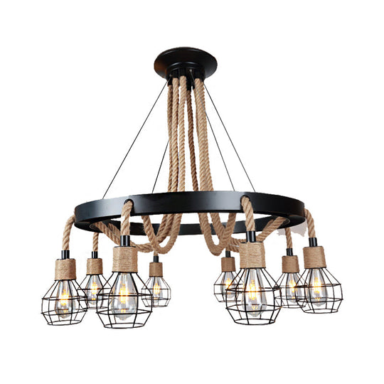 Rustic Metal and Rope Chandelier: Globe Pendant Lighting for Dining Room (6/8 Light) in Black with Ring