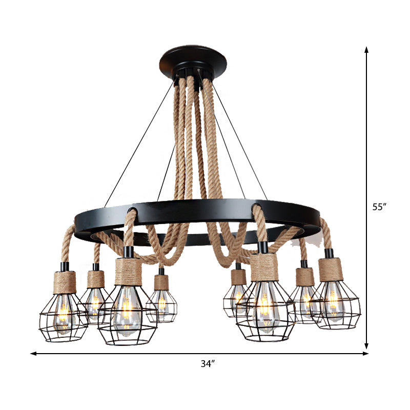 Rustic Metal and Rope Chandelier: Globe Pendant Lighting for Dining Room (6/8 Light) in Black with Ring