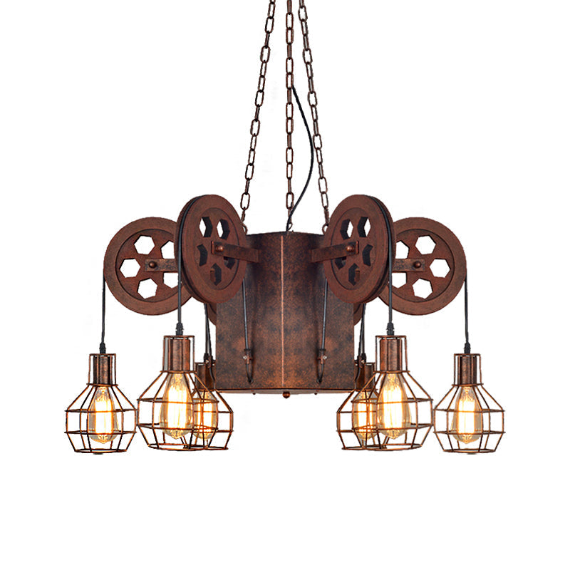 Industrial Metal Rust Pendant Lamp with Caged Globe - 4/6 Light Chandelier Fixture and Gear