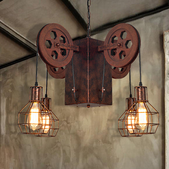 Industrial Metal Rust Pendant Lamp with Caged Globe - 4/6 Light Chandelier Fixture and Gear