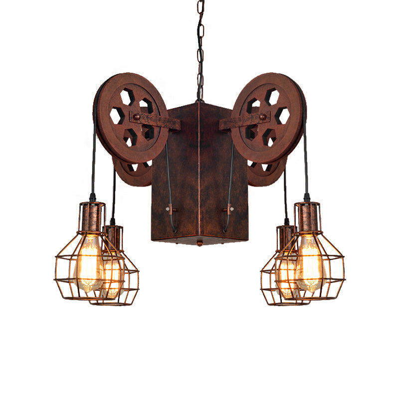 Industrial Metal Rust Pendant Lamp with Caged Globe - 4/6 Light Chandelier Fixture and Gear