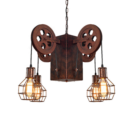 Industrial Metal Rust Pendant Lamp with Caged Globe - 4/6 Light Chandelier Fixture and Gear