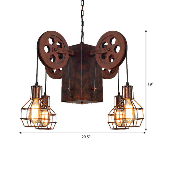 Industrial Metal Rust Pendant Lamp - Caged Globe 4/6-Light Chandelier With Gear Fixture