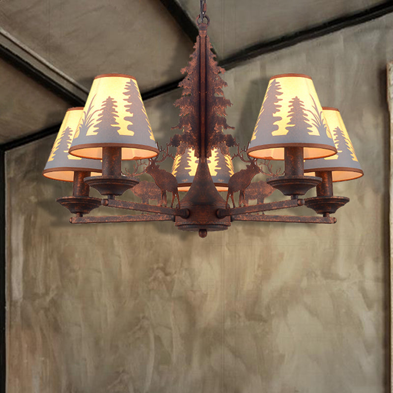 Industrial Cone Metal And Fabric Chandelier - Rust Finish 3/5/8 Light Pendant Lighting For Dining