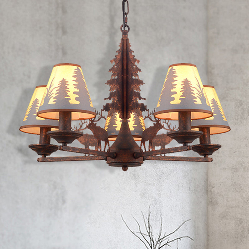 Industrial Cone Metal And Fabric Chandelier - Rust Finish 3/5/8 Light Pendant Lighting For Dining