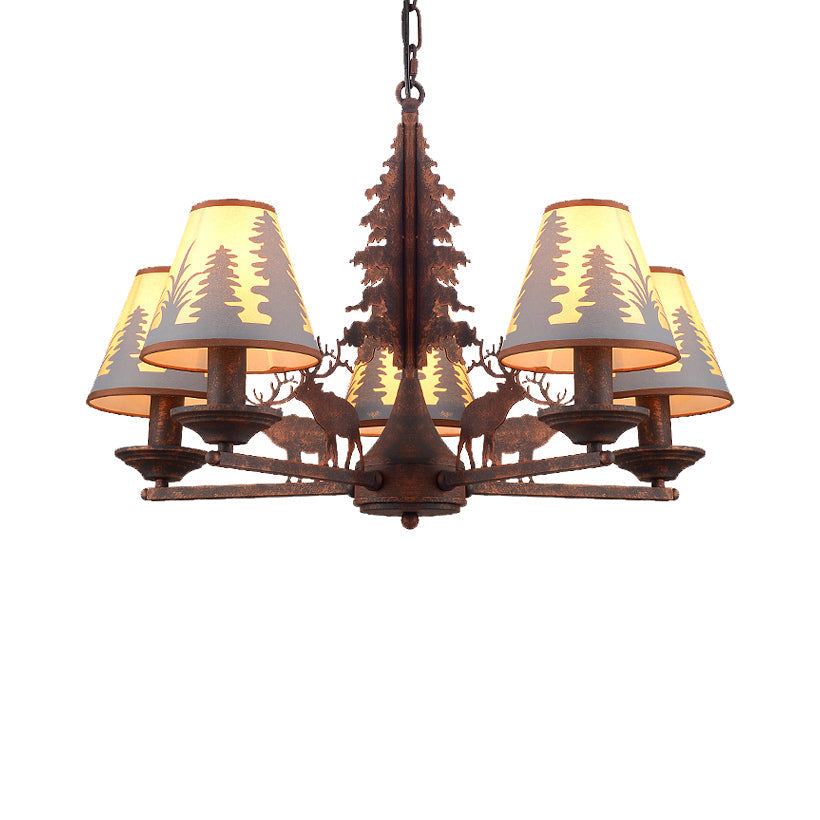 Industrial Cone Metal & Fabric Chandelier - 3/5/8 Light Pendant Lighting for Dining Room in Rust