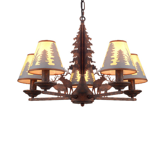 Industrial Cone Metal & Fabric Chandelier - 3/5/8 Light Pendant Lighting for Dining Room in Rust