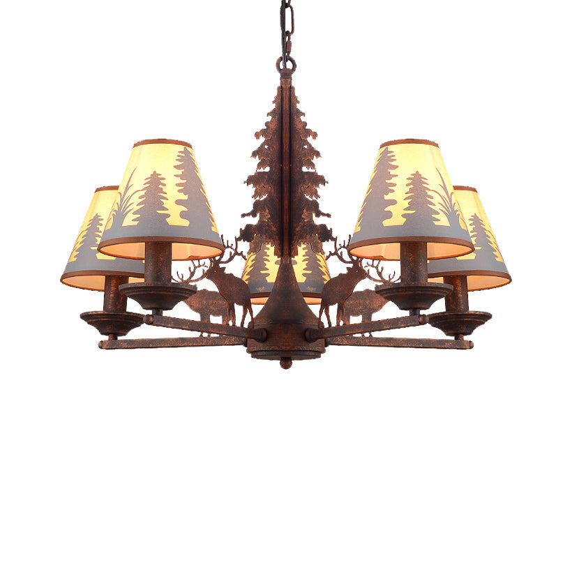 Industrial Cone Metal And Fabric Chandelier - Rust Finish 3/5/8 Light Pendant Lighting For Dining