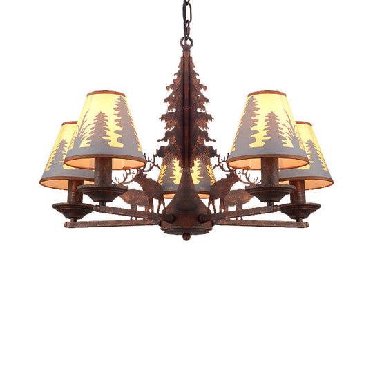 Industrial Cone Metal And Fabric Chandelier - Rust Finish 3/5/8 Light Pendant Lighting For Dining