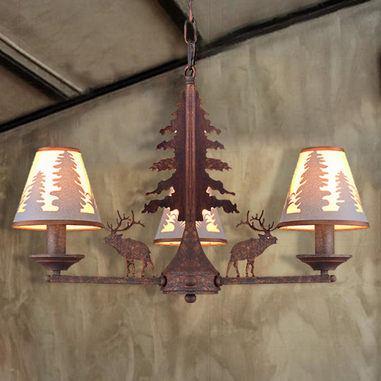 Industrial Cone Metal & Fabric Chandelier - 3/5/8 Light Pendant Lighting for Dining Room in Rust