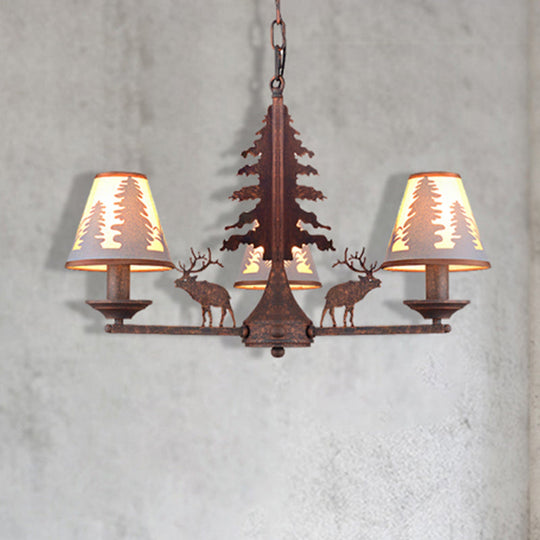 Industrial Cone Metal & Fabric Chandelier - 3/5/8 Light Pendant Lighting for Dining Room in Rust