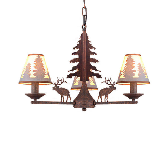 Industrial Cone Metal And Fabric Chandelier - Rust Finish 3/5/8 Light Pendant Lighting For Dining