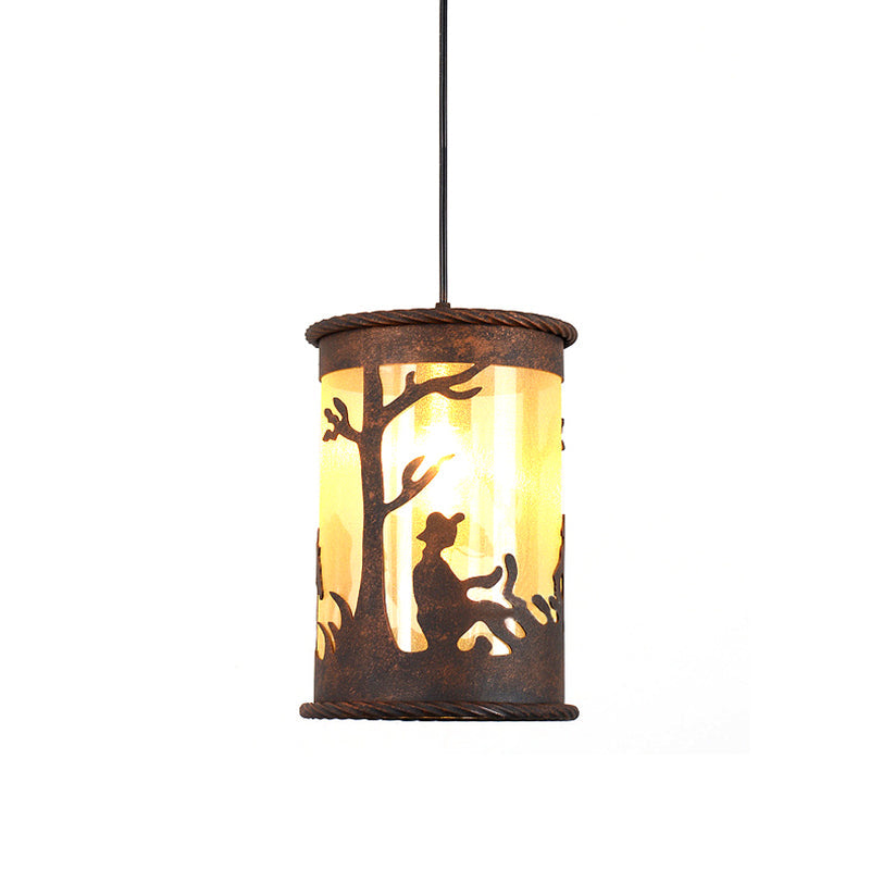 Vintage Rust Metal Cylinder Pendant Light with Fabric and Art Design - 1-Light Hanging Ceiling Fixture