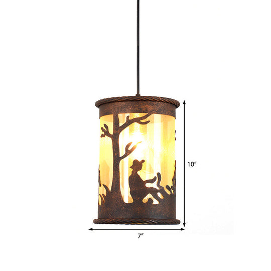 Vintage Rust Metal Cylinder Pendant Light with Fabric and Art Design - 1-Light Hanging Ceiling Fixture