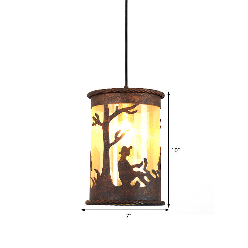 Vintage Rust Metal Cylinder Pendant Light With Fabric And Art Design - 1-Light Hanging Ceiling