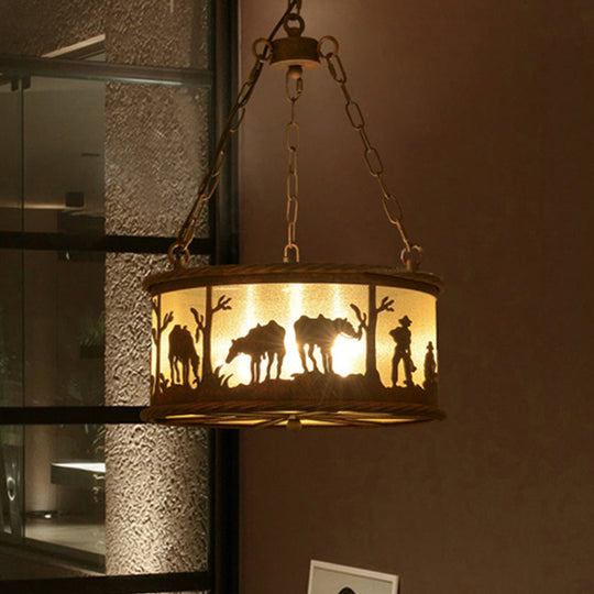 Vintage Drum Pendant Chandelier: 3-Bulb Metal & Fabric Ceiling Lamp with Animal Pattern - Rust Finish, Ideal for Dining Rooms