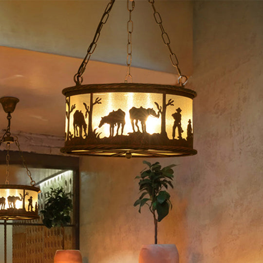 Vintage Drum Pendant Chandelier: 3-Bulb Metal & Fabric Ceiling Lamp with Animal Pattern - Rust Finish, Ideal for Dining Rooms