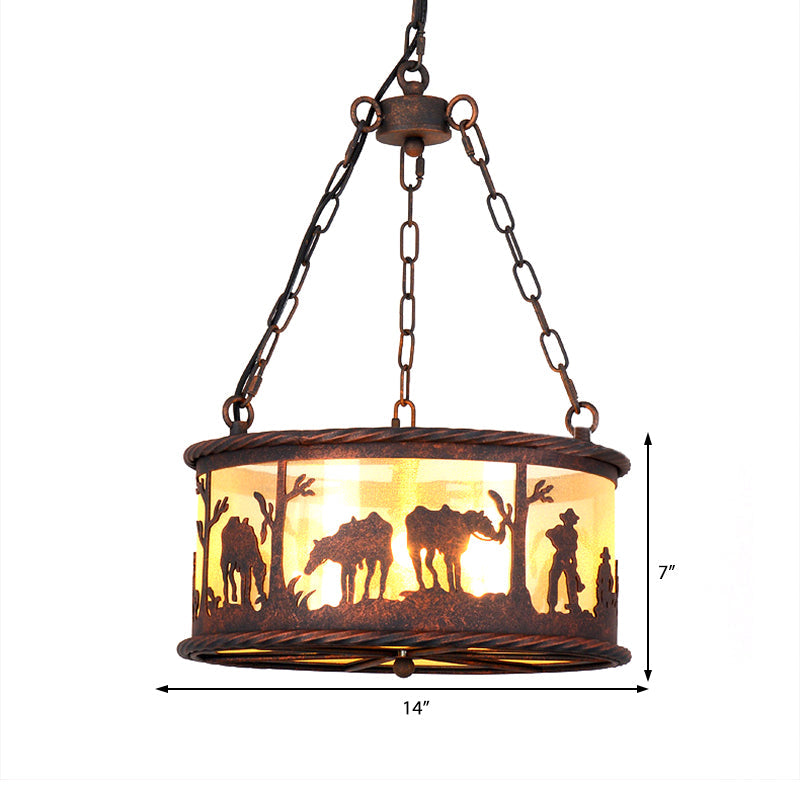 Vintage Drum Pendant Chandelier: 3-Bulb Metal & Fabric Ceiling Lamp with Animal Pattern - Rust Finish, Ideal for Dining Rooms